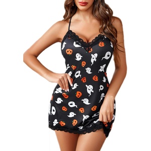 Avidlove Womens Nightgown Sexy Lace Sleepwear V Neck Full Slip Chemise Lingerie Cotton Night Gowns Babydoll Sleepshirt(Pumpkin Skull)