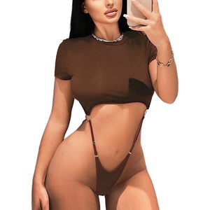 Avidlove Women’s Sexy Cut Out Lingerie Bodysuit Short Sleeve Tshirt Body Suits Slim Fit Crew Neck Crop Tops(Brown)