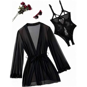 Avidlove Women’s Sexy Lingerie Set 2 Pieces Cutout Teddy Bodysuit with Sheer Kimono Robe Mesh Nightwear Boudoir Outfits(Black)