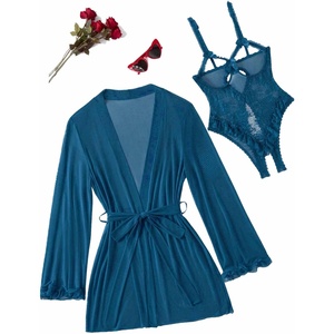Avidlove Women’s Sexy Lingerie Set 2 Pieces Cutout Teddy Bodysuit with Sheer Kimono Robe Mesh Nightwear Boudoir Outfits(Blue Green)