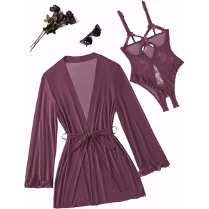 Avidlove Women’s Sexy Lingerie Set 2 Pieces Cutout Teddy Bodysuit with Sheer Kimono Robe Mesh Nightwear Boudoir Outfits(Dark Purple Red)