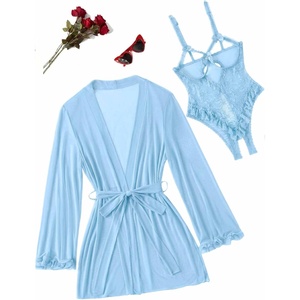 Avidlove Women’s Sexy Lingerie Set 2 Pieces Cutout Teddy Bodysuit with Sheer Kimono Robe Mesh Nightwear Boudoir Outfits(Light Blue)