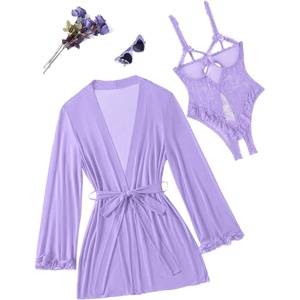 Avidlove Women’s Sexy Lingerie Set 2 Pieces Cutout Teddy Bodysuit with Sheer Kimono Robe Mesh Nightwear Boudoir Outfits(Lilac)