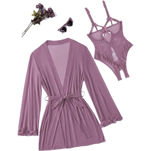 Avidlove Women’s Sexy Lingerie Set 2 Pieces Cutout Teddy Bodysuit with Sheer Kimono Robe Mesh Nightwear Boudoir Outfits(Purple Red)