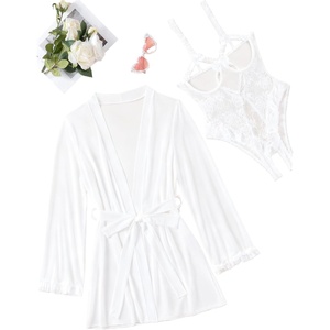 Avidlove Women’s Sexy Lingerie Set 2 Pieces Cutout Teddy Bodysuit with Sheer Kimono Robe Mesh Nightwear Boudoir Outfits(White)