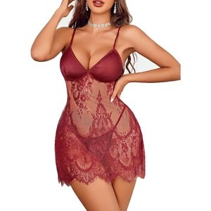 Avidlove Women’s Sexy Lingerie Set Babydoll Dress Satin Bust Lace Nightwear with Thong 2 Piece(Wine Red)