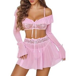 Avidlove Women’s Sexy Lingerie Set Sheer Mesh Off Shoulder Bra Panty Ruffle Skirts 3 Piece Sets(Pink)