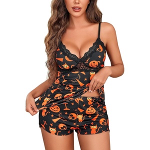 Avidlove Womens Sleepwear Lace Pajamas Cami PJS Set Pajama Set for Women(Black Halloween Print)