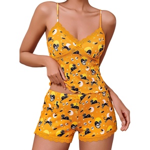 Avidlove Women’s Soft Ribbed Knit Cami Pajama Set Sexy V Neck Lace Trim Sleepwear Side Slit Shorts Lingerie Nightwear(Halloween Orange)