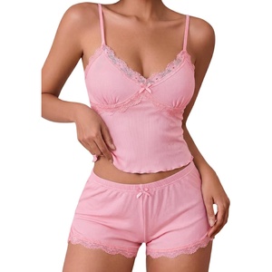 Avidlove Women’s Soft Ribbed Knit Cami Pajama Set Sexy V Neck Lace Trim Sleepwear Side Slit Shorts Lingerie Nightwear(Pink)