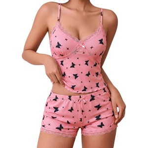 Avidlove Women’s Soft Ribbed Knit Cami Pajama Set Sexy V Neck Lace Trim Sleepwear Side Slit Shorts Lingerie Nightwear(Pink Black Butterfly)