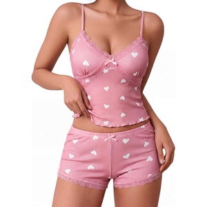 Avidlove Women’s Soft Ribbed Knit Cami Pajama Set Sexy V Neck Lace Trim Sleepwear Side Slit Shorts Lingerie Nightwear(Pink Love Heart)