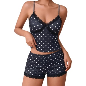 Avidlove Women’s Soft Ribbed Knit Cami Pajama Set Sexy V Neck Lace Trim Sleepwear Side Slit Shorts Lingerie Nightwear(Polka Dots)