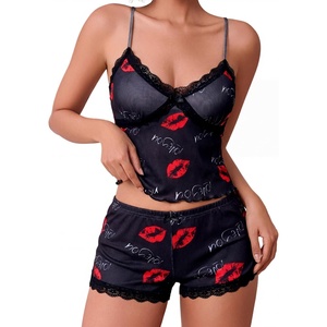 Avidlove Women’s Soft Ribbed Knit Cami Pajama Set Sexy V Neck Lace Trim Sleepwear Side Slit Shorts Lingerie Nightwear(Red Lips)