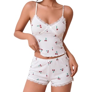 Avidlove Women’s Soft Ribbed Knit Cami Pajama Set Sexy V Neck Lace Trim Sleepwear Side Slit Shorts Lingerie Nightwear(White Cherry)
