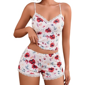 Avidlove Women’s Soft Ribbed Knit Cami Pajama Set Sexy V Neck Lace Trim Sleepwear Side Slit Shorts Lingerie Nightwear(Wine Red & Flower)