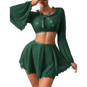 Avidlove Women’s Sparkly Sheer Mesh Lingerie Set 3 Piece Bell Sleeve Crop Top with Mini Skirt Lace Trim Babydoll Nightwear(Lake Green)