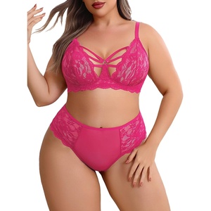 Plus Size Lingerie Set for Women Lace Bra Panties Set 2 Piece Lingerie | Sexy Lingerie sheer underwear,V neck,Adjustable straps,matching lingerie Naughty Outfits(Rose Red)