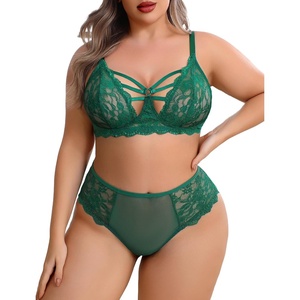 Plus Size Lingerie Set for Women Lace Bra Panties Set 2 Piece Lingerie | Sexy Lingerie sheer underwear,V neck,Adjustable straps,matching lingerie Naughty Outfits(Dark Green)