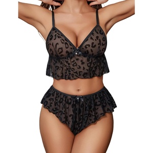 Sexy Pajamas for Women Sheer Lingerie 2 Piece Mesh Cami Shorts Nightwear | Ruffled Lounge Sleepwear V-Neck Halter Cami and Shorts Adujustable straps(Black Leopard)