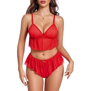 Sexy Pajamas for Women Sheer Lingerie 2 Piece Mesh Cami Shorts Nightwear | Ruffled Lounge Sleepwear V-Neck Halter Cami and Shorts Adujustable straps(Christmas Red)