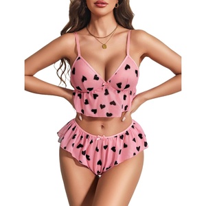 Sexy Pajamas for Women Sheer Lingerie 2 Piece Mesh Cami Shorts Nightwear | Ruffled Lounge Sleepwear V-Neck Halter Cami and Shorts Adujustable straps(Rose Pink)
