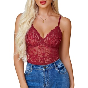 Sexy Teddy Lingerie for Women Lace Bodysuit One Piece Mini Babydoll | Mesh Body suit Sheer Lingerie Hollow out,Unique Crotch,One Piece,V Neck Adjustable straps,Nightwear,Goingt Out,Club(Dark Red)