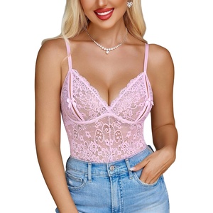 Sexy Teddy Lingerie for Women Lace Bodysuit One Piece Mini Babydoll | Mesh Body suit Sheer Lingerie Hollow out,Unique Crotch,One Piece,V Neck Adjustable straps,Nightwear,Goingt Out,Club(Pink)