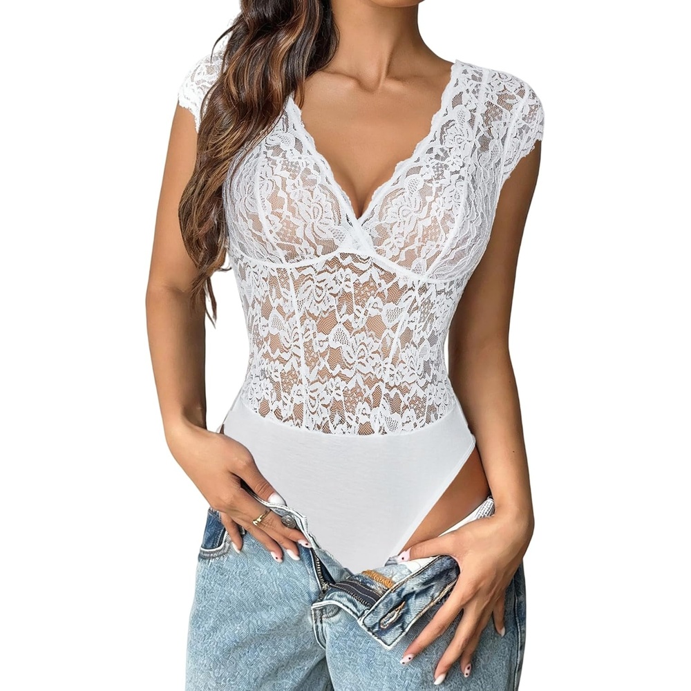 image:imageAvidlove Lace Bodysuits for Women Sexy V Neck Sheer Bodysuit Tops Snap Crotch One Piece TeddyWhite