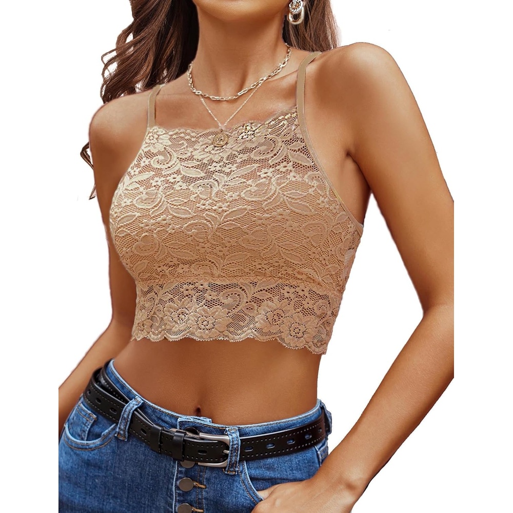 image:imageAvidlove Lace Bralette for Women High Neck Camisoles Racerback DoubleLayered Crop TopKhaki