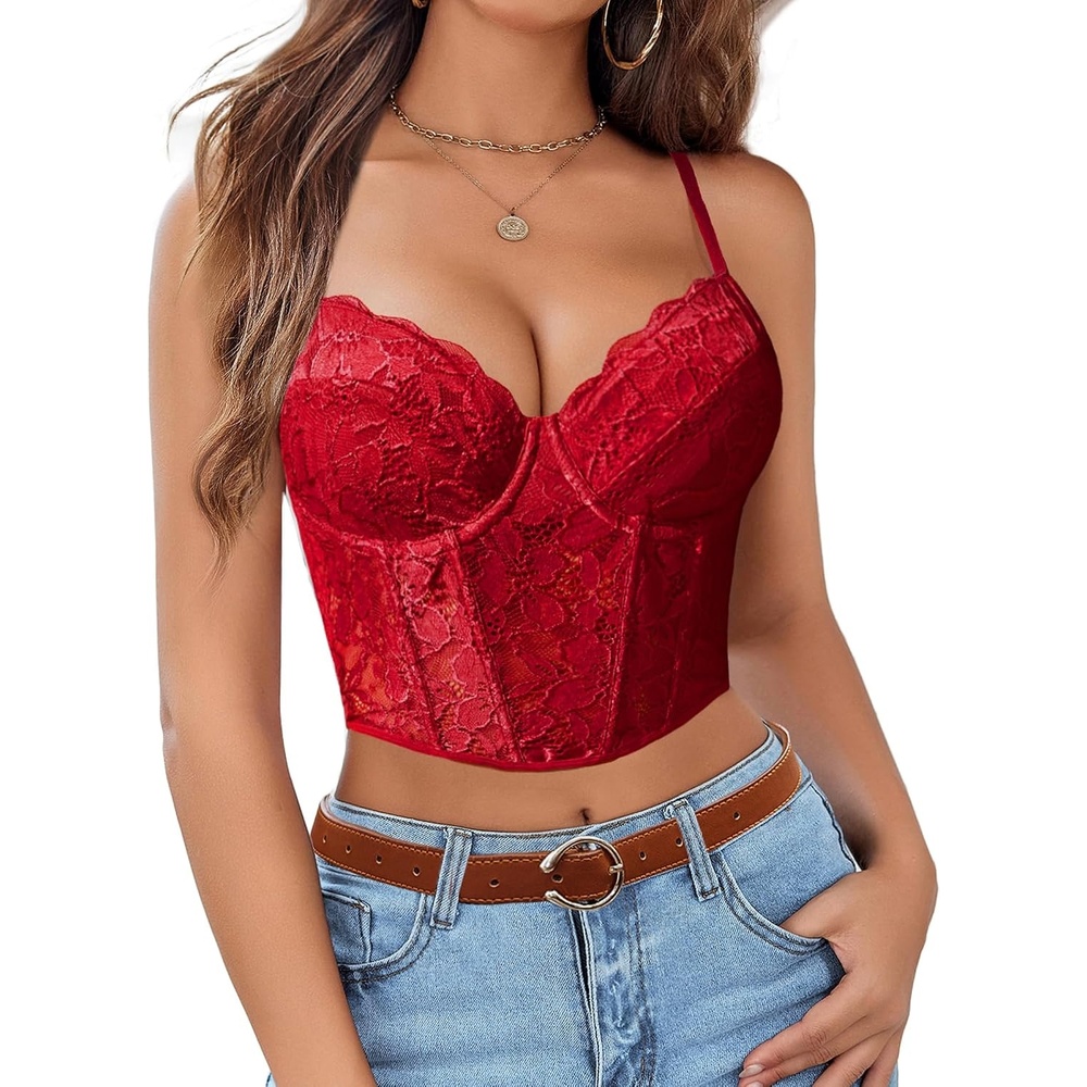 image:imageAvidlove Lace Bralette for Women V Neck Bustier Corset Tops with Underwired Racerback Adjustable Strap Crop TopWine Red