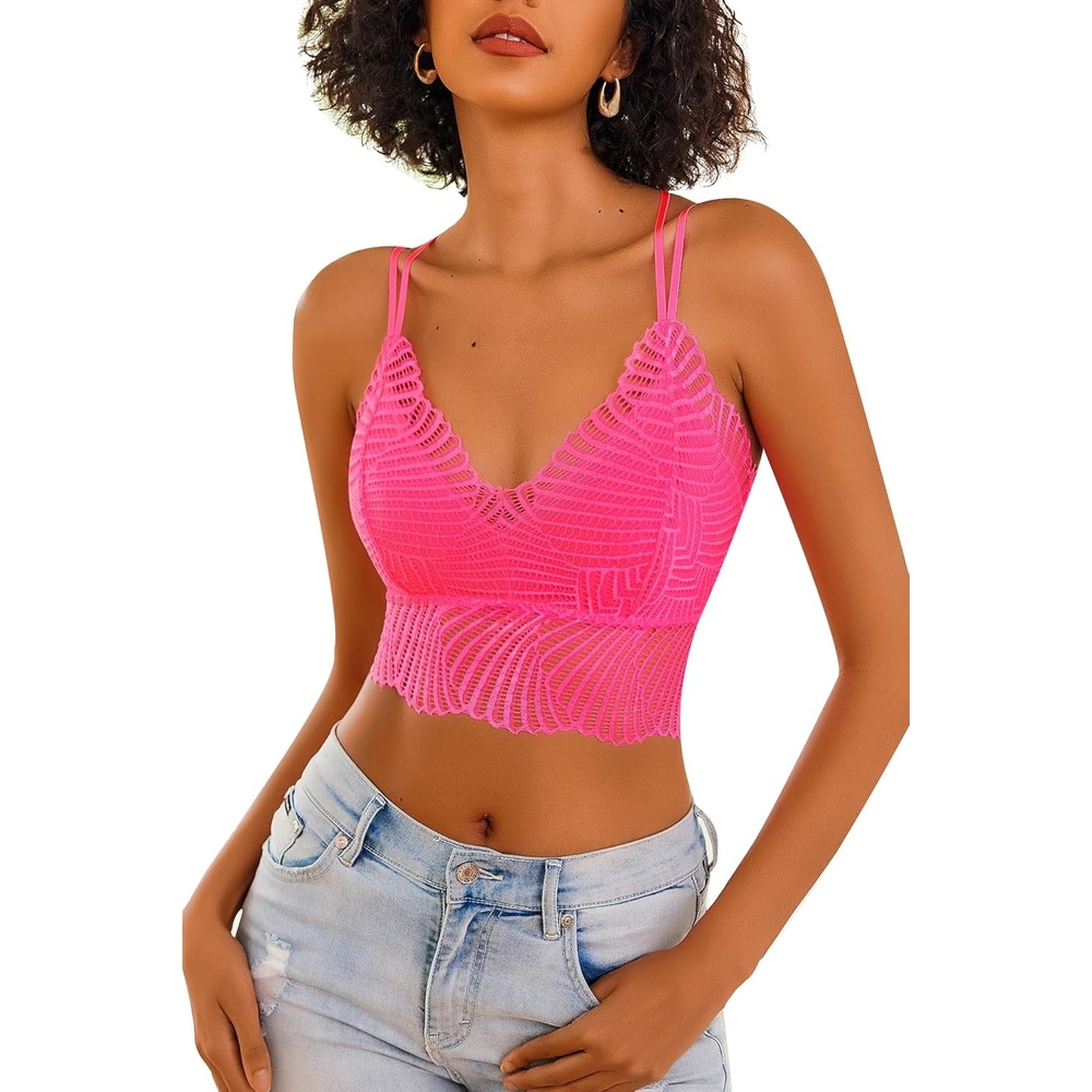image:imageAvidlove Lace Bralette for Women V Neck Camisoles Racerback Adjustable Strap Crop TopFluo Pink