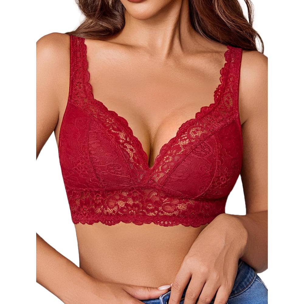 image:imageAvidlove Lace Bralettes Women V Neck Wireless Bras Unlined Basic Cami Sexy Comfy Everyday Wirefree Lingerie UnpaddedWine Red