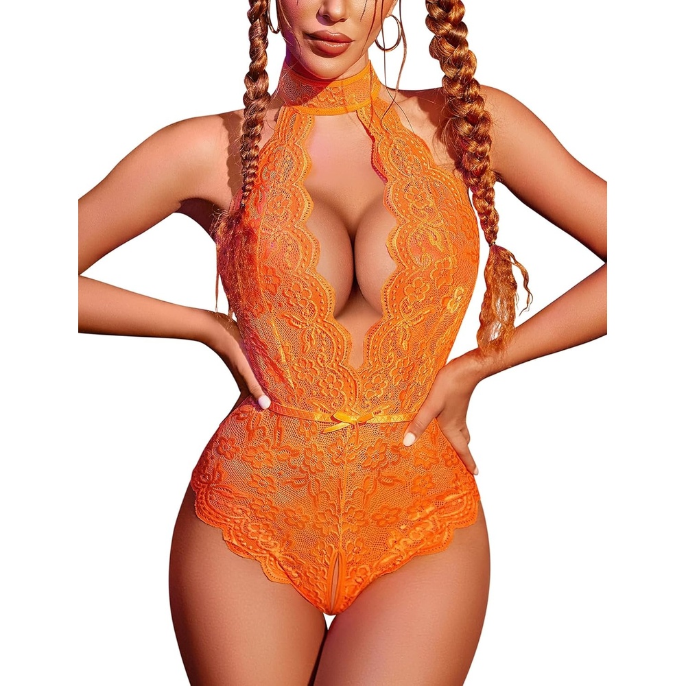 image:imageAvidlove Lingerie for Women Halter Lace Bodysuit V Neck Teddy One Piece Babydoll NightgownOrange