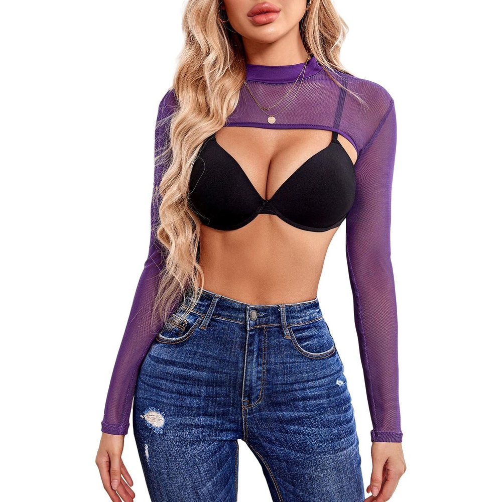 image:imageAvidlove Mesh Crop Tops for Women Mock Neck Long Sleeve Crop Top See Through Shirt Top Sexy ClubwearPurple