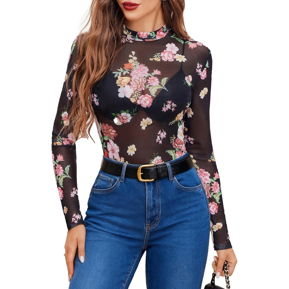 image:imageAvidlove Mesh Top for Women Long Sleeve See Through Shirt Mock Neck Sheer Blouse Clubwear Party XS3XLBf298