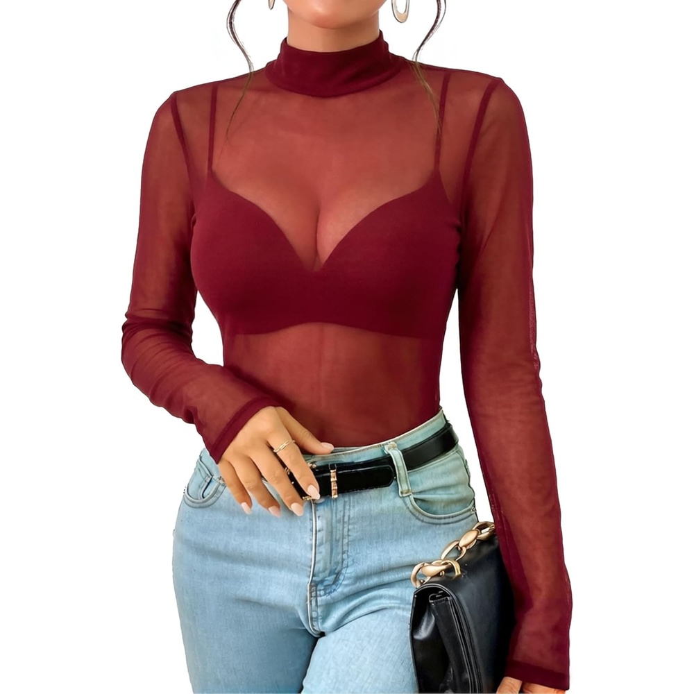 image:imageAvidlove Mesh Top for Women Long Sleeve See Through Shirt Mock Neck Sheer Blouse Clubwear Party XS3XLDark Red