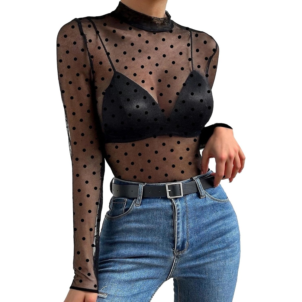 image:imageAvidlove Mesh Top for Women Long Sleeve See Through Shirt Mock Neck Sheer Blouse Clubwear Party XS3XLDotsjh79