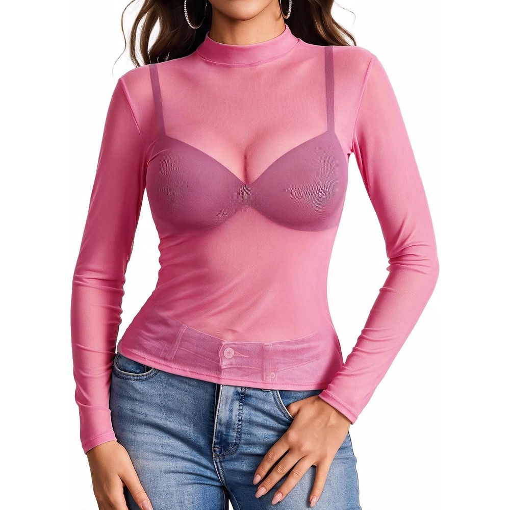 image:imageAvidlove Mesh Top for Women Long Sleeve See Through Shirt Mock Neck Sheer Blouse Clubwear Party XS3XLHot Pink