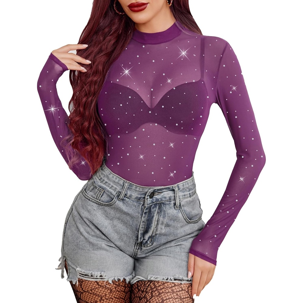 image:imageAvidlove Mesh Top for Women Long Sleeve See Through Shirt Mock Neck Sheer Blouse Clubwear Party XS3XLZpurplerhinestone