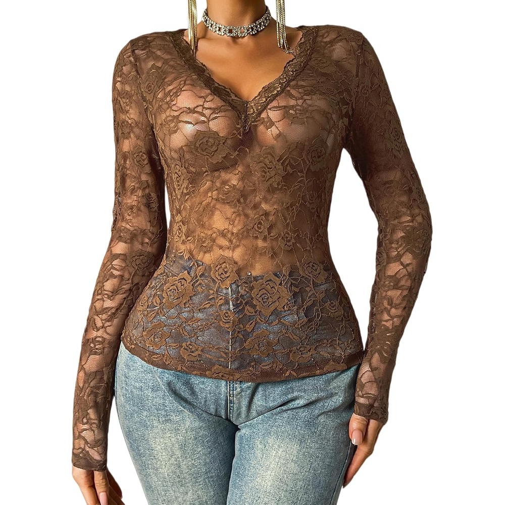 image:imageAvidlove Mesh Tops for Women Sheer Long Sleeve Tops V Neck Lace Blouses Under Shirts Floral Lace Tee Shirt SXXLBrown