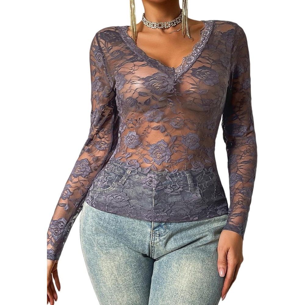 image:imageAvidlove Mesh Tops for Women Sheer Long Sleeve Tops V Neck Lace Blouses Under Shirts Floral Lace Tee Shirt SXXLGrey