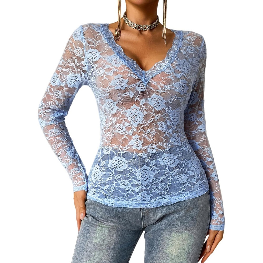 image:imageAvidlove Mesh Tops for Women Sheer Long Sleeve Tops V Neck Lace Blouses Under Shirts Floral Lace Tee Shirt SXXLLight Blue