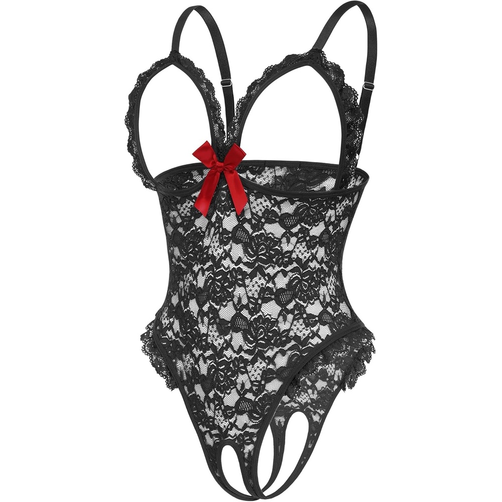 image:imageAvidlove One Piece Lingerie Sexy Teddy Ruffle V Neck Bodysuit Lace Nightie SetBlack