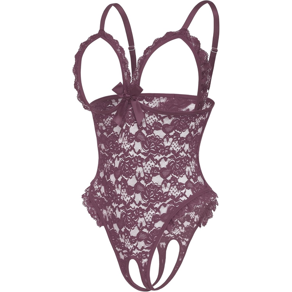 image:imageAvidlove One Piece Lingerie Sexy Teddy Ruffle V Neck Bodysuit Lace Nightie SetGrape Purple