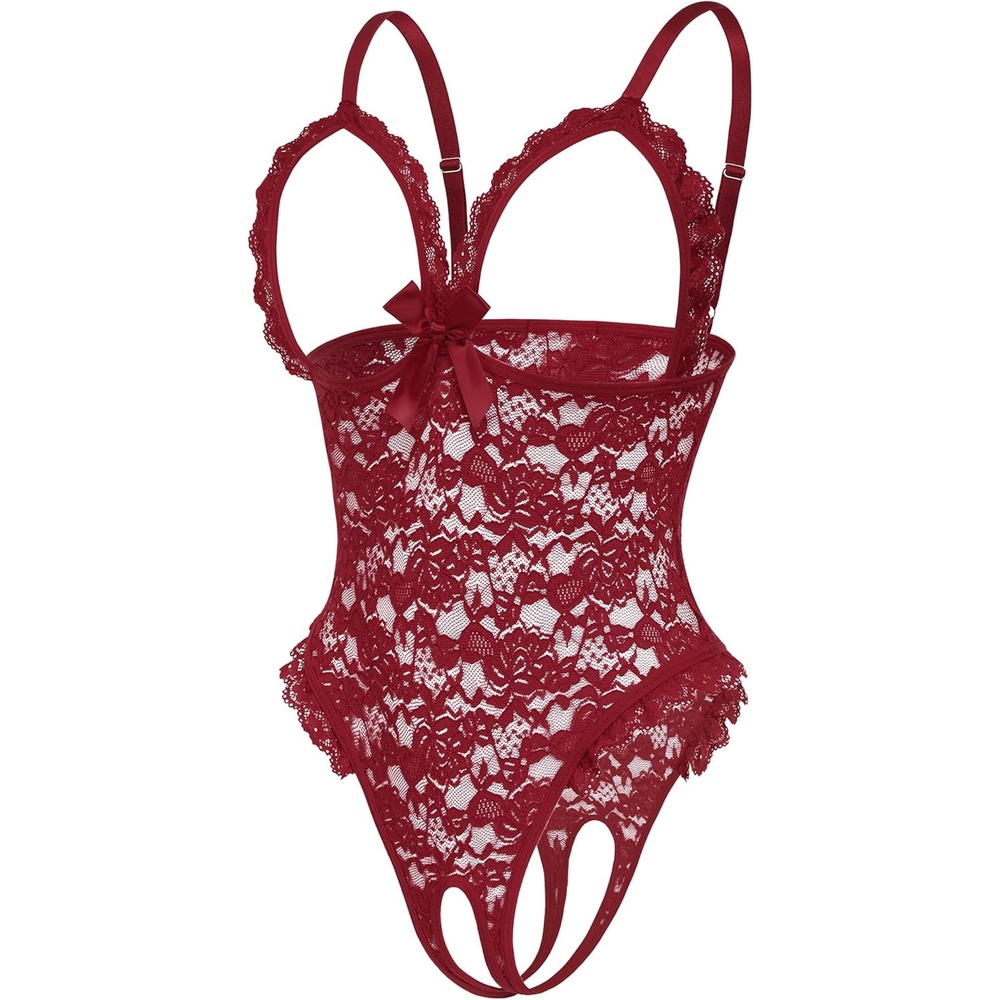 image:imageAvidlove One Piece Lingerie Sexy Teddy Ruffle V Neck Bodysuit Lace Nightie SetWine Red