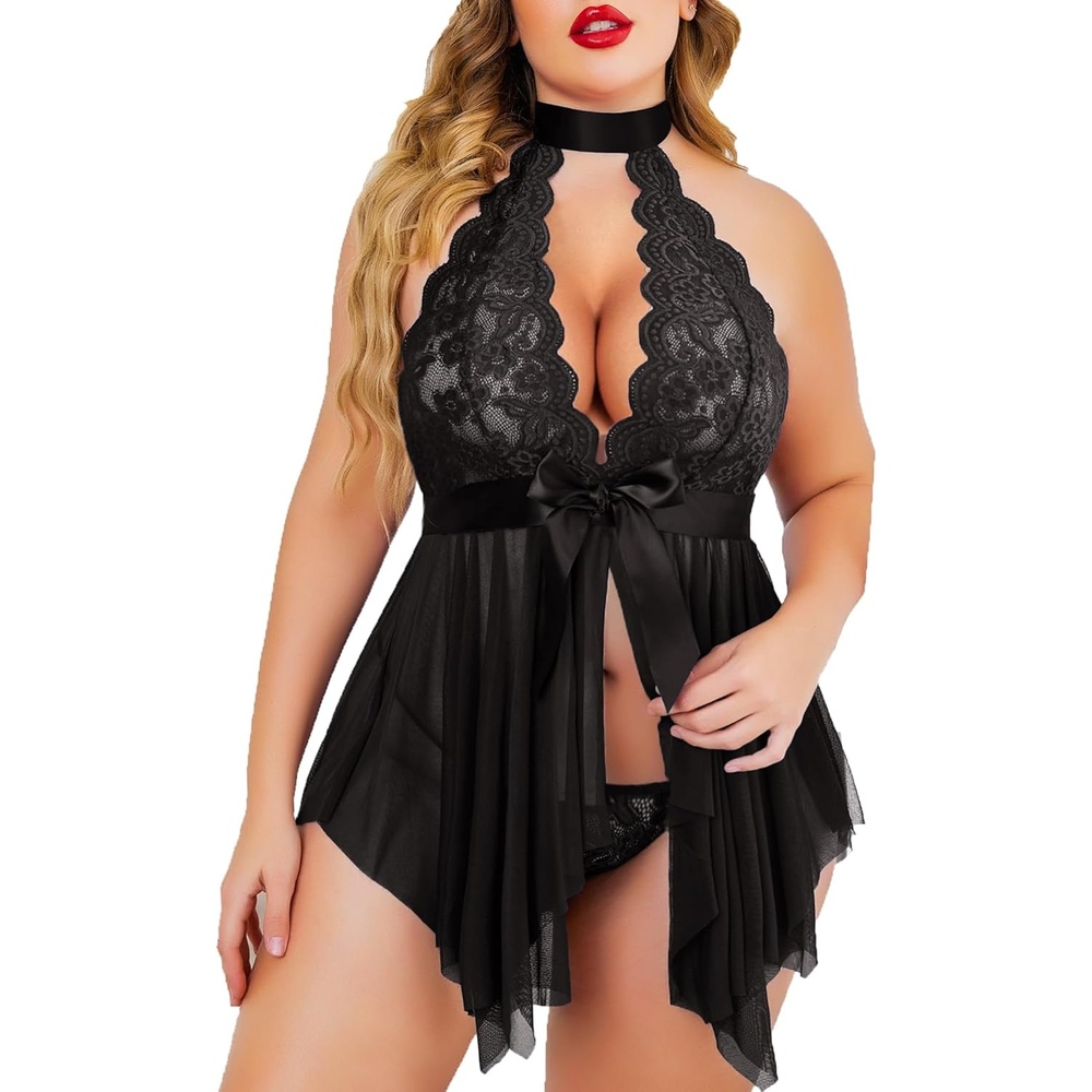 image:imageAvidlove Plus Size Babydoll for Women High Waist Teddy Chemise Floral Lace Lingerie1black