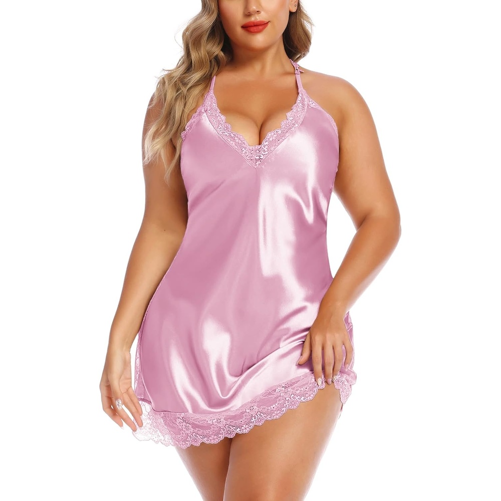 image:imageAvidlove Plus Size Lingerie Satin Lace Chemise Nightgown V Neck Halter Babydoll Sexy Full Slip Sleepwear L4XLPink