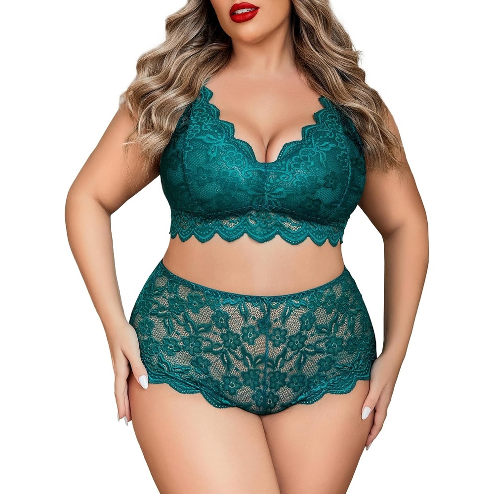 image:imageAvidlove Plus Size Lingerie Set for Women Sexy Lace Halter Bralette High Waist Panty SetAzure Green