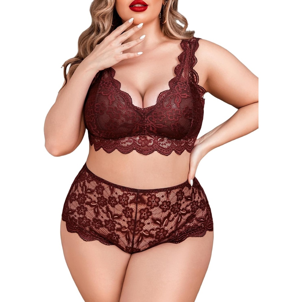 image:imageAvidlove Plus Size Lingerie Set for Women Sexy Lace Halter Bralette High Waist Panty SetDark Red